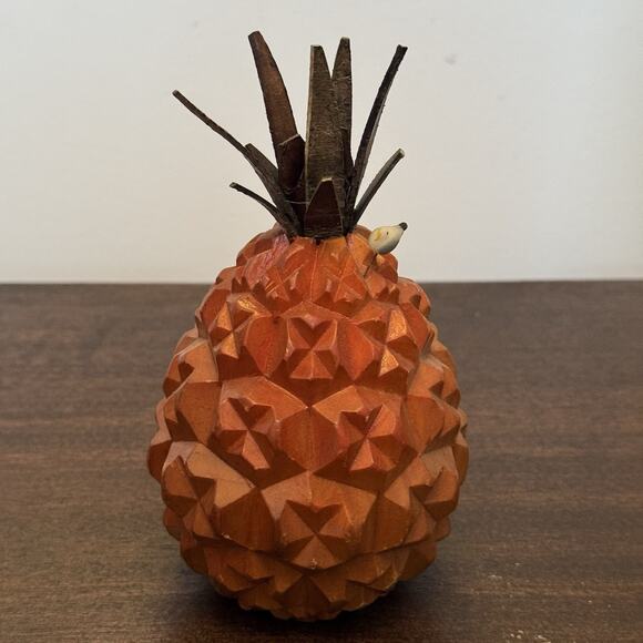 Wooden Pineapple with Bird Hand Carved MCM Vintage Hospitality Welcome Fruit - Picture 9 of 11